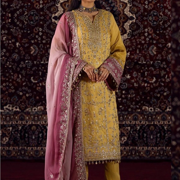 Lashkaraa Other - Elegant Yellow Embroidered Women Salwar with Pink Dupatta
